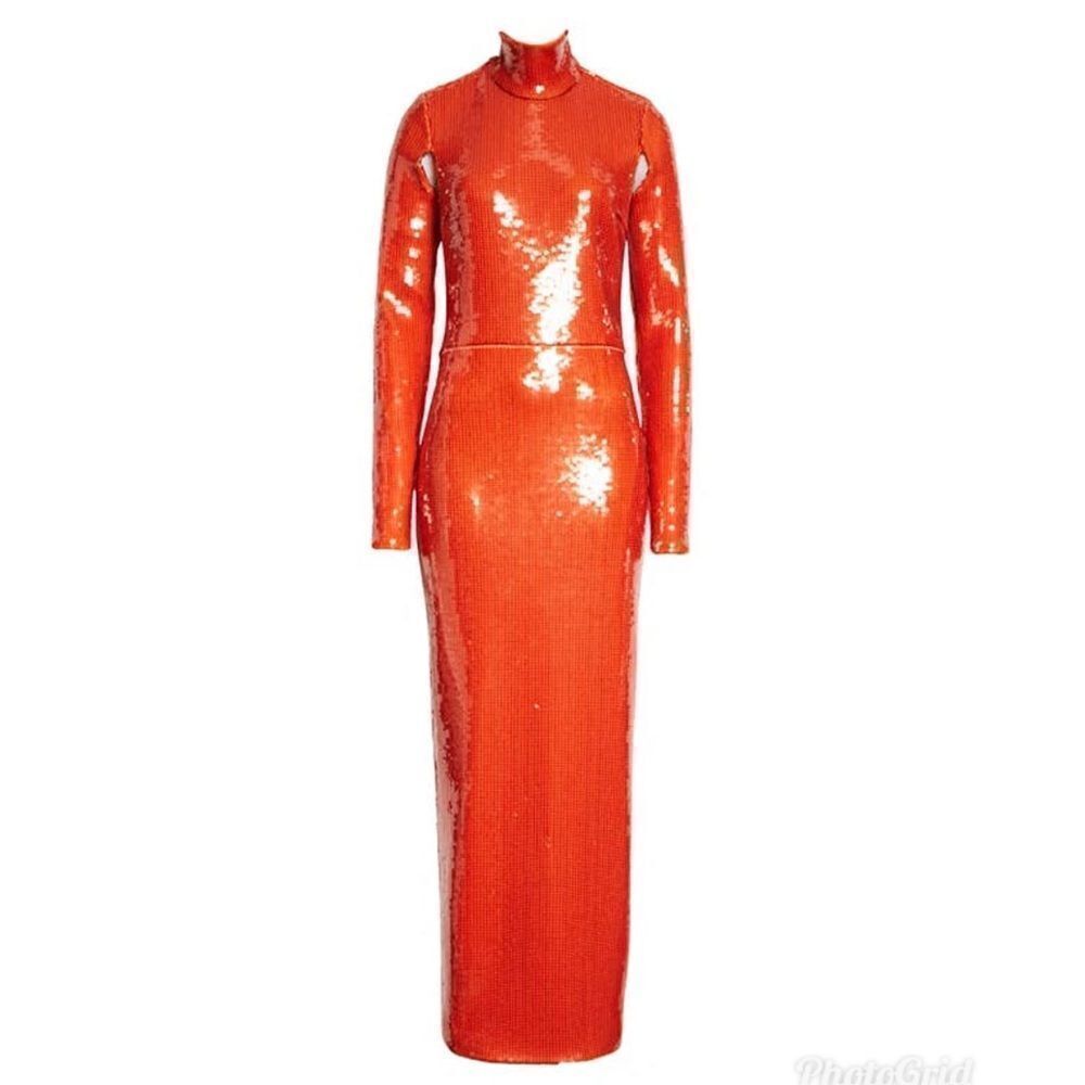 Revolve LaQuan Smith Orange Sequin Mock Neck Long Sleeve Cutout Column Gown L